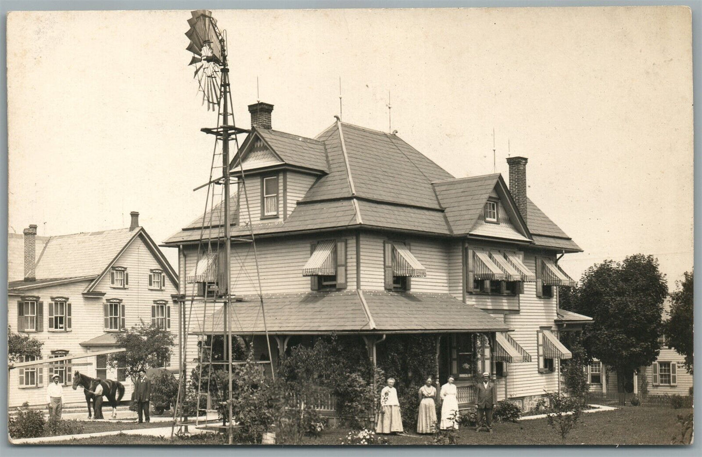 VILLAGE SCENE with WINDMILL ANTIQUE REAL PHOTO POSTCARD RPPC