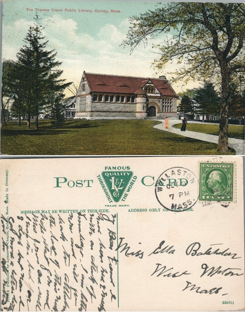 THOMAS CRANE PUBLIC LIBRARY QUINCY MA ANTIQUE POSTCARD