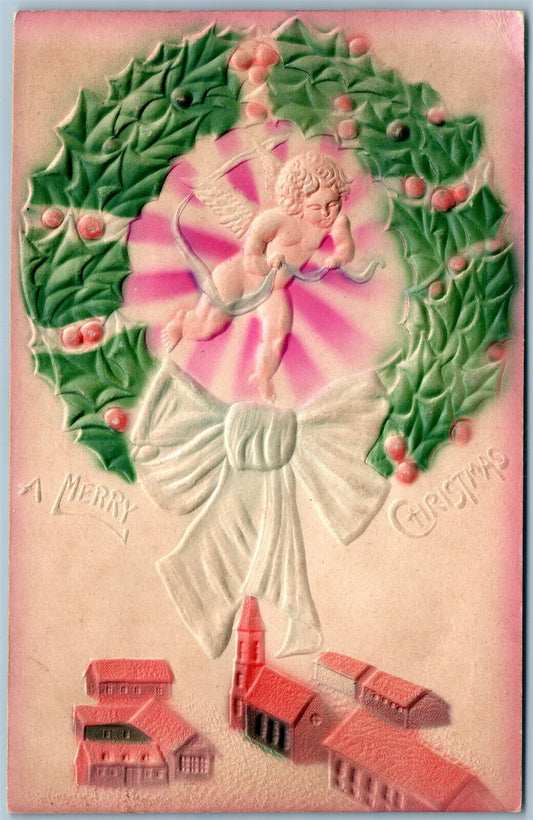 MERRY CHRISTMAS EMBOSSED ANTIQUE POSTCARD w/ ANGEL