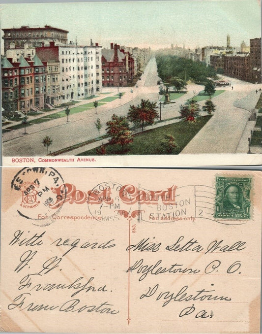 BOSTON COMMONWEALTH AVENUE MA 1908 ANTIQUE POSTCARD