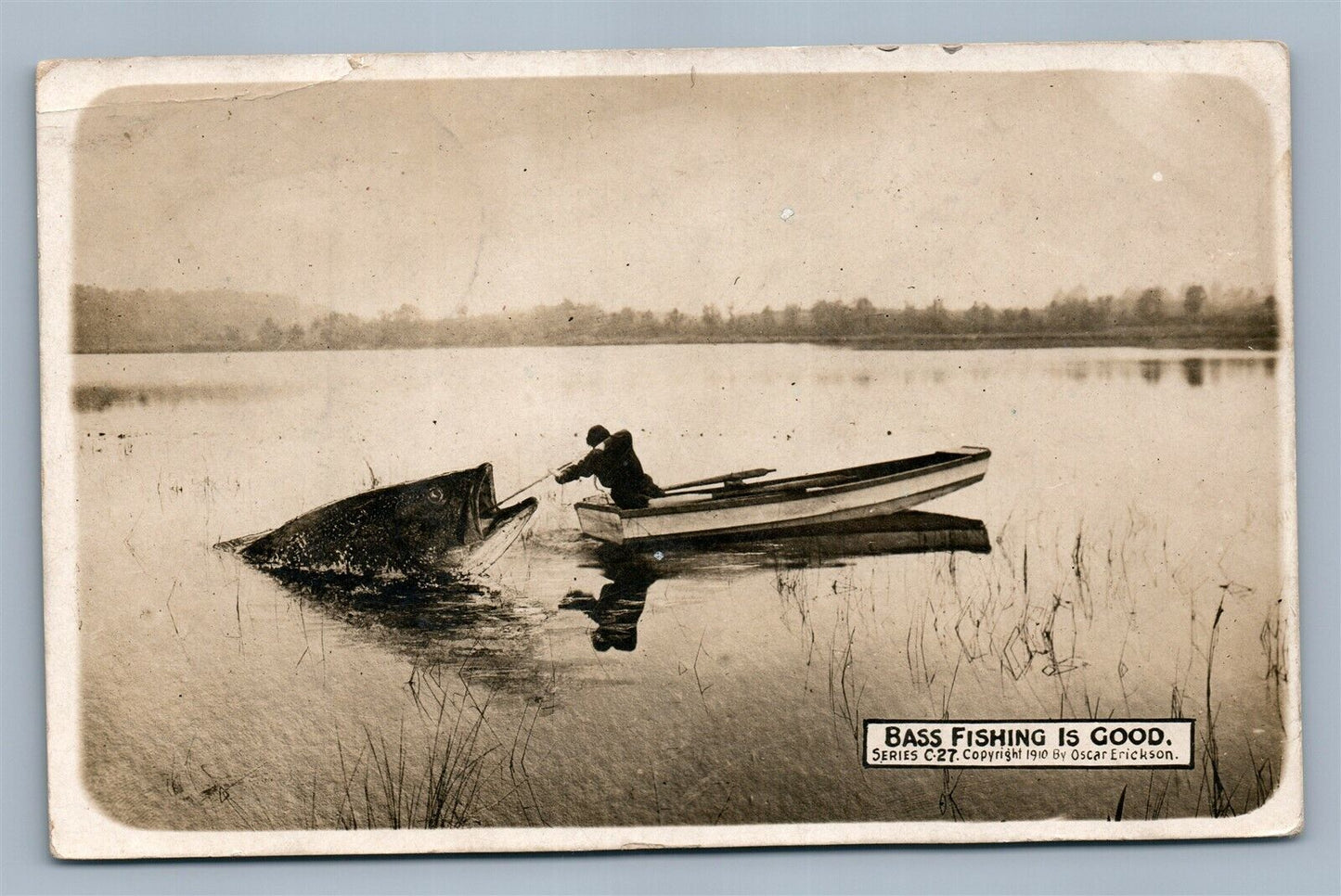 EXAGGERATED BASS FISHING ANTIQUE REAL PHOTO POSTCARD