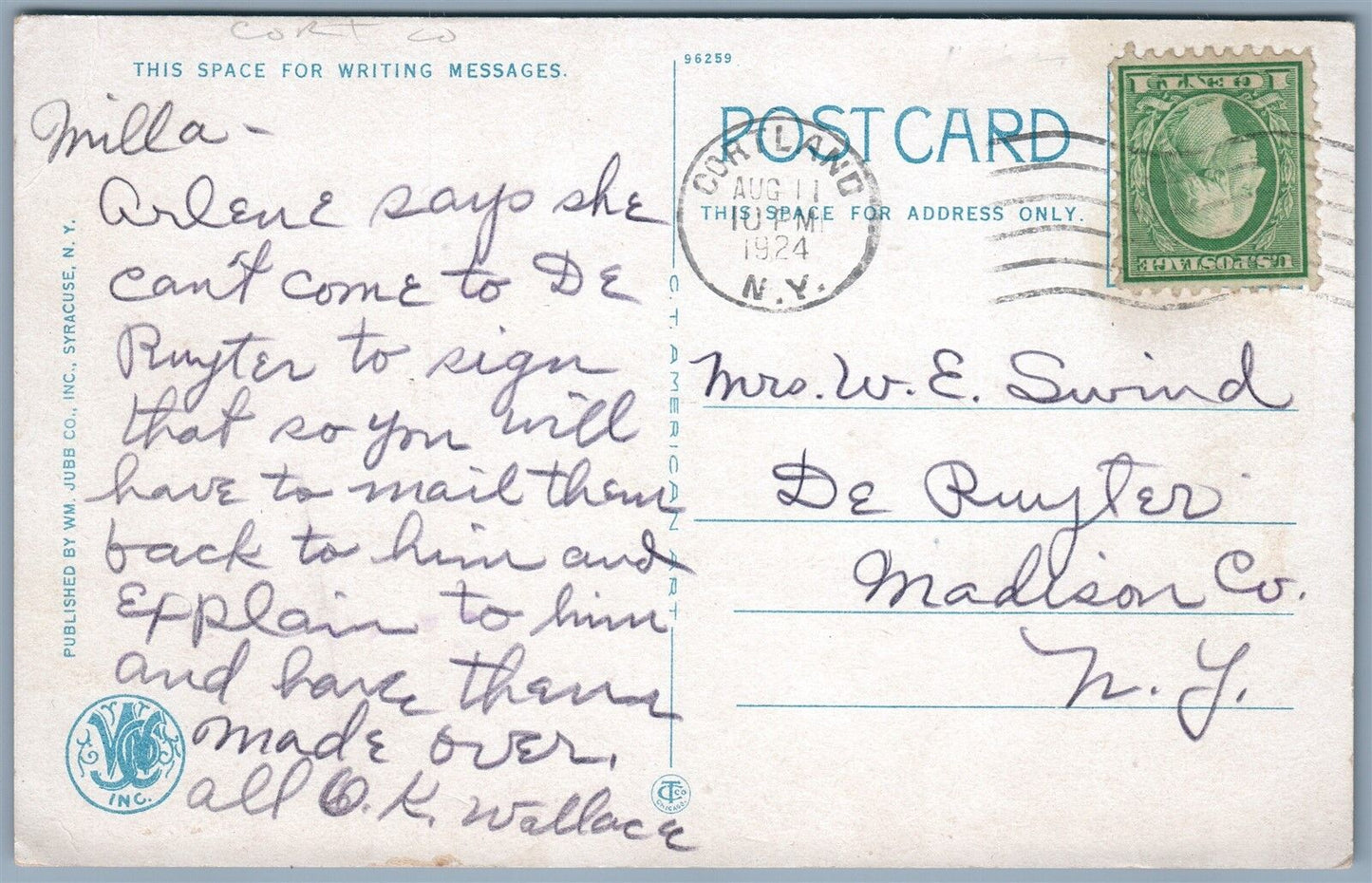 CORTLAND NY PORT WATSON STREET 1924 ANTIQUE POSTCARD