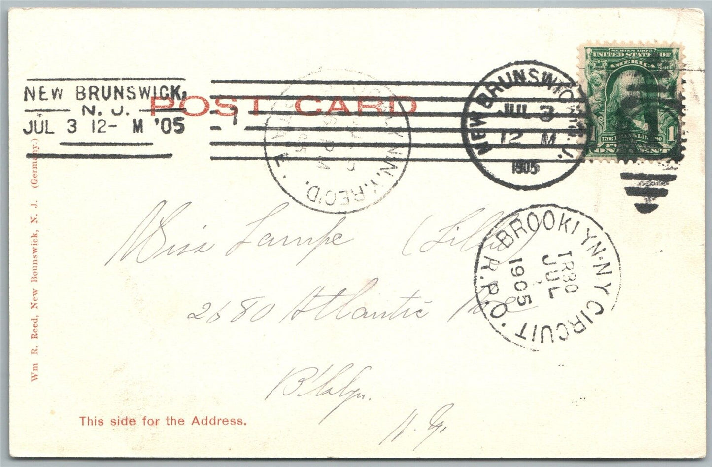 NEW BRUNSWICK NJ HIGH SCHOOL UNDIVIDED 1905 ANTIQUE POSTCARD w/ CORK CANCEL