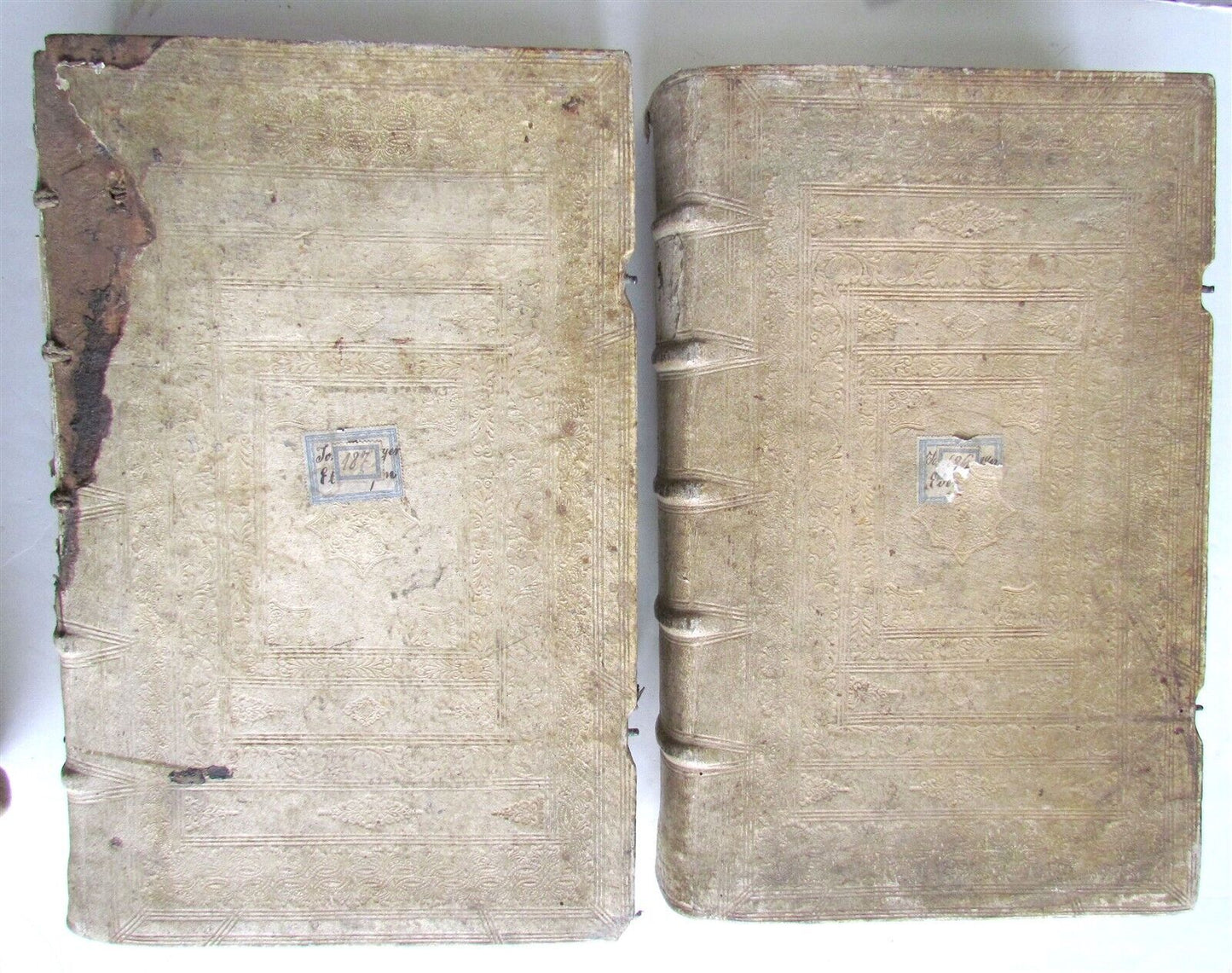 1730 BIBLE 2 volumes LATIN GERMAN BIBLIA antique HAND TOOLED PIGSKIN BOUND FOLIO