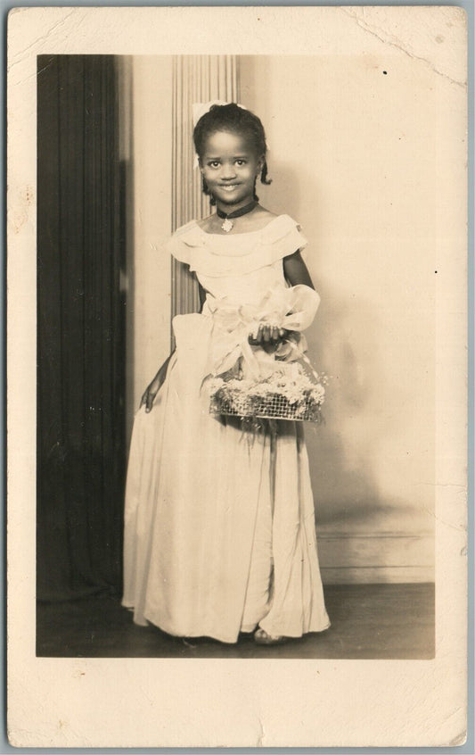 LITTLE BLACK BEAUTY w/ FLOWER BASKET ANTIQUE REAL PHOTO POSTCARD RPPC americana