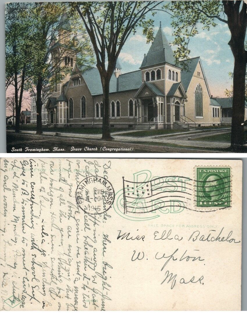SOUTH FRAMINGHAM MA GRACE CHURCH 1915 ANTIQUE POSTCARD