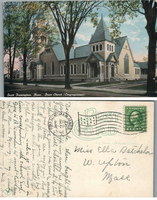 SOUTH FRAMINGHAM MA GRACE CHURCH 1915 ANTIQUE POSTCARD