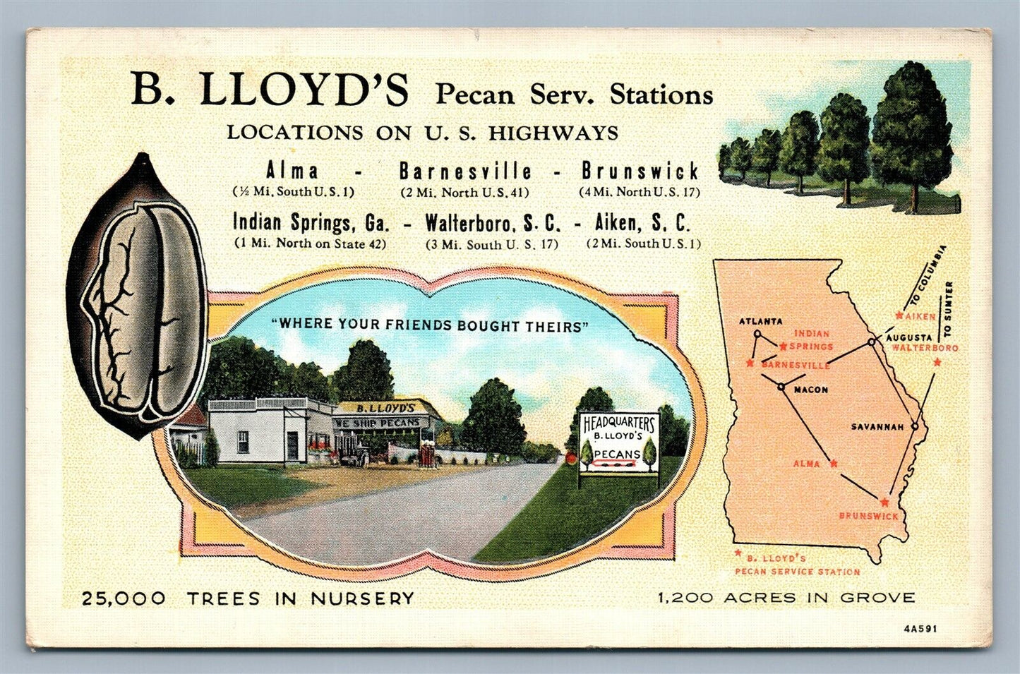 BARNESVILLE GA B.LLOYD'S SERVICE GAS STATIONS 1939 VINTAGE POSTCARD