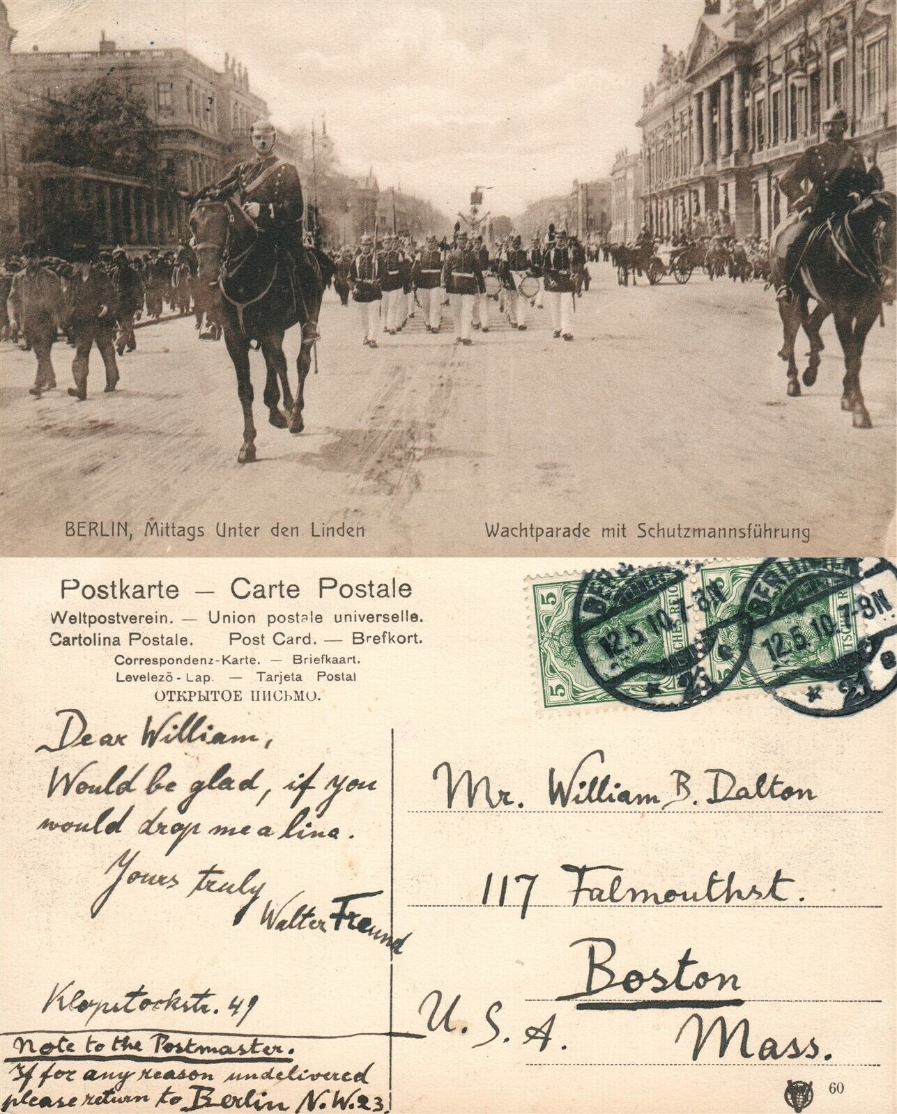 BERLIN GERMANY MILITARY PARADE 1910 ANTIQUE POSTCARD w/ STAMPS