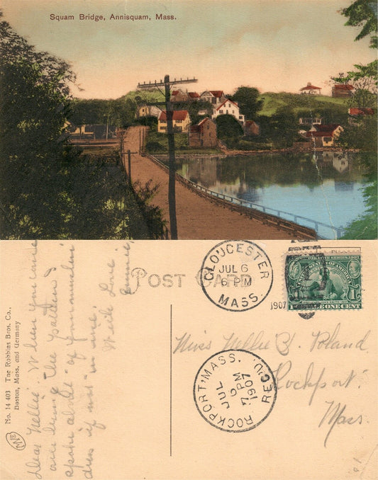 ANNISQUAM MA SQUAM BRIDGE 1907 ANTIQUE POSTCARD w/ CORK CANCEL