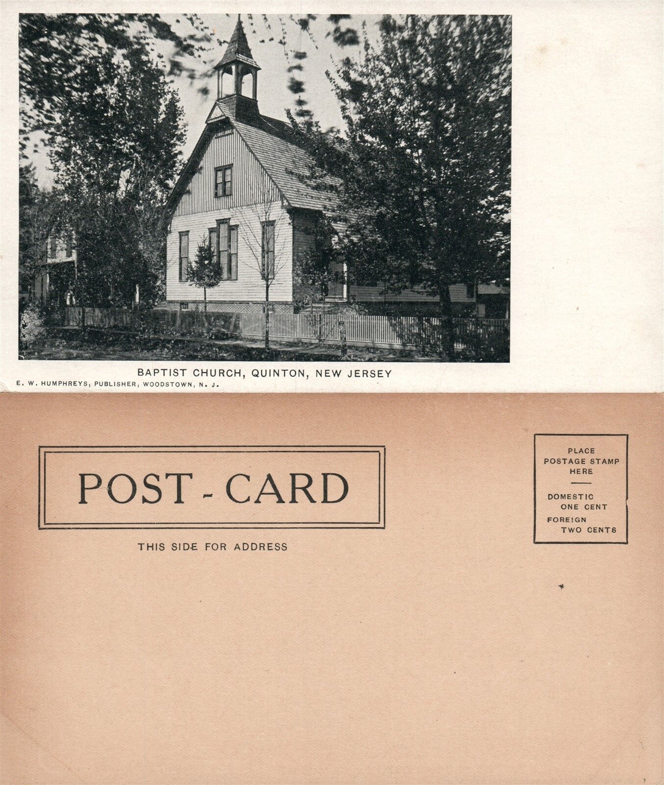 QUINTON N.J. BAPTIST CHURCH UNDIVIDED ANTIQUE POSTCARD