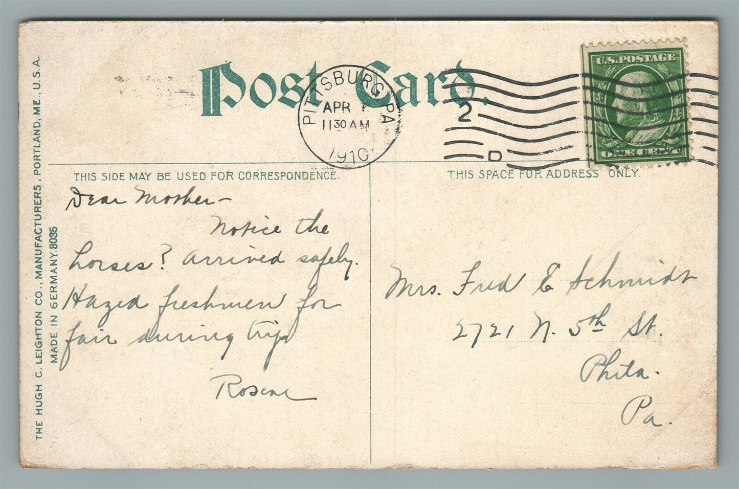 PITTSBURG PA SCHENLEY OVAL ANTIQUE POSTCARD