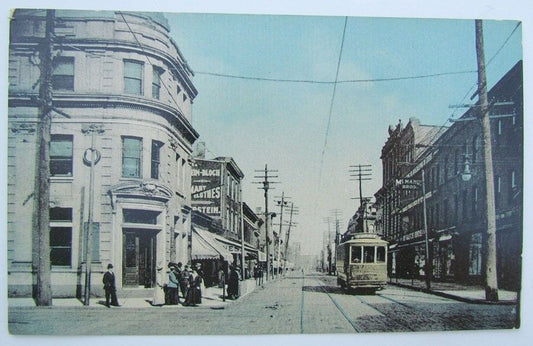 VINTAGE POSTCARD ELIZABETH NJ STREET SCENE TROLLEY railroad railway signs