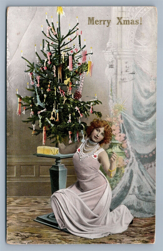 YOUNG LADY w/ CHRISTMAS TREE ANTIQUE POSTCARD