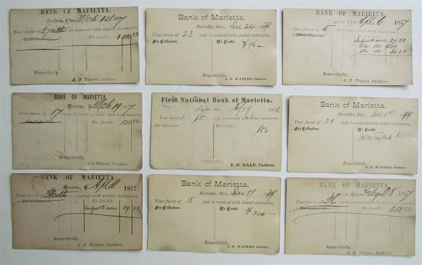 1870s-90s LOT of 9 BANKS of MARIETTA OHIO ANTIQUE STATEMENT CARDS POSTCARDS