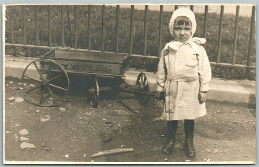 GIRL w/ GARDEN CART ANTIQUE REAL PHOTO POSTCARD RPPC