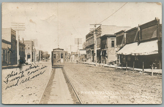 HOLSTEIN IA MAIN STREET TROLLEY ANTIQUE REAL PHOTO POSTCARD RPPC