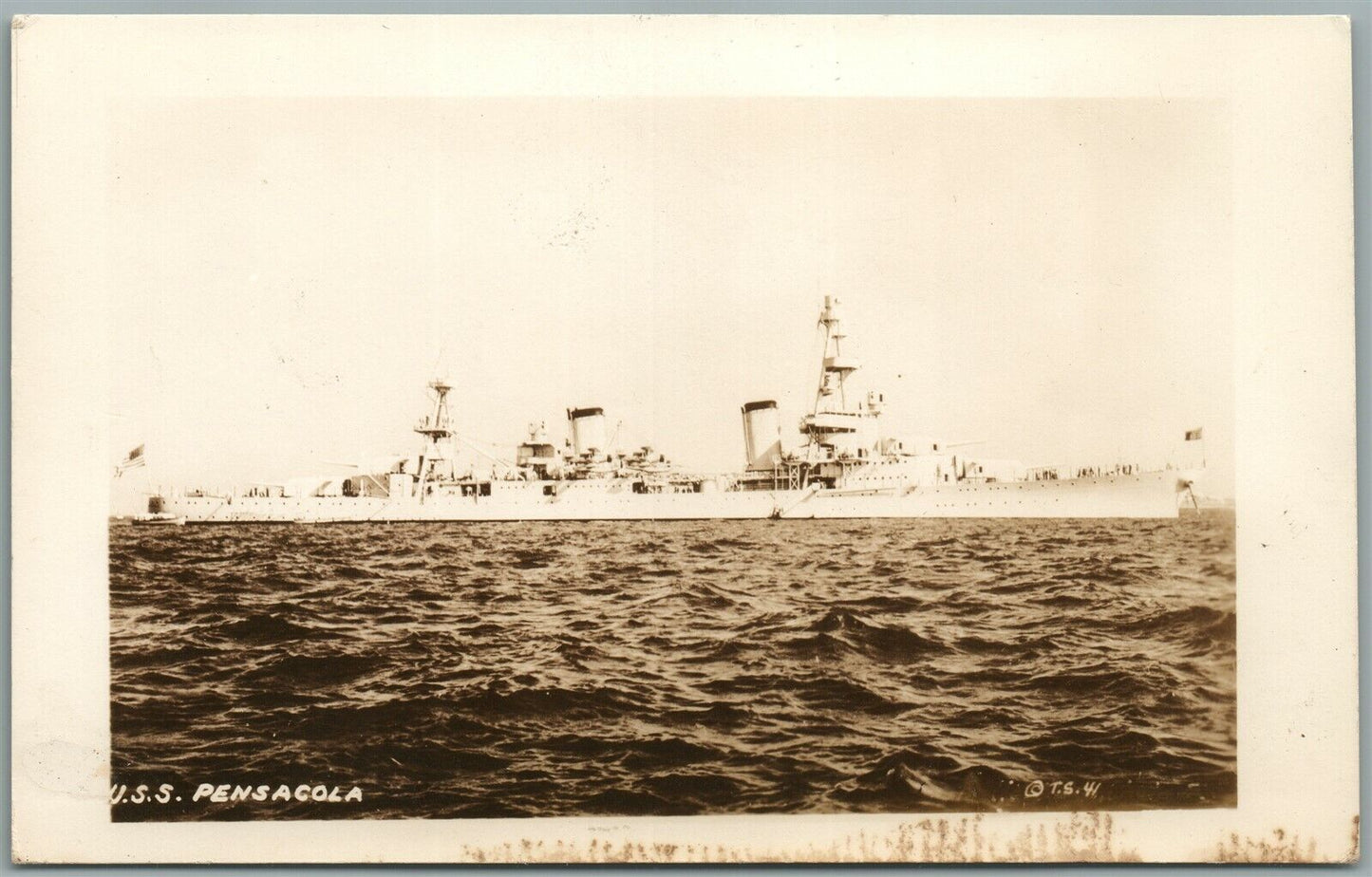 MILITARY SHIP USS PENSACOLA VINTAGE REAL PHOTO POSTCARD RPPC