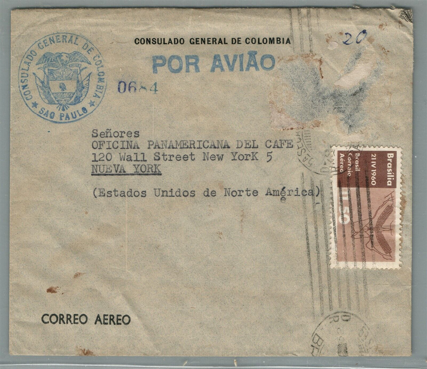 BRAZIL USA VINTAGE COVER CONSULADO GENERAL DE COLOMBIA CANCEL