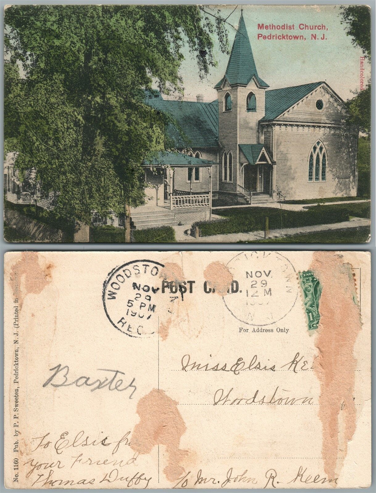 PEDRICKTOWN N.J. METHODIST CHURCH 1907 ANTIQUE POSTCARD