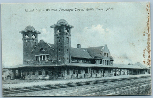 BATTLE CREEK MI RAILROAD STATION RAILWAY TRAIN DEPOT ANTIQUE POSTCARD