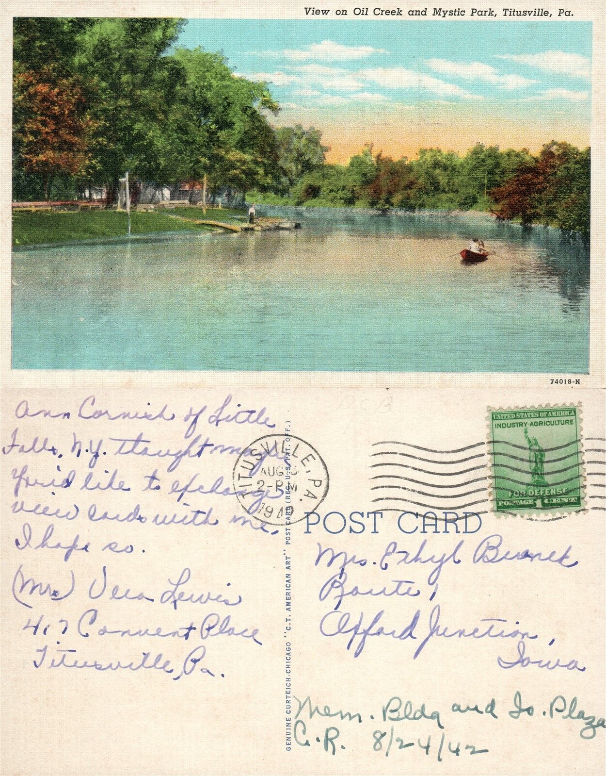 TITUSVILLE PA OIL CREEK & MYSTIC PARK 1949 VINTAGE POSTCARD