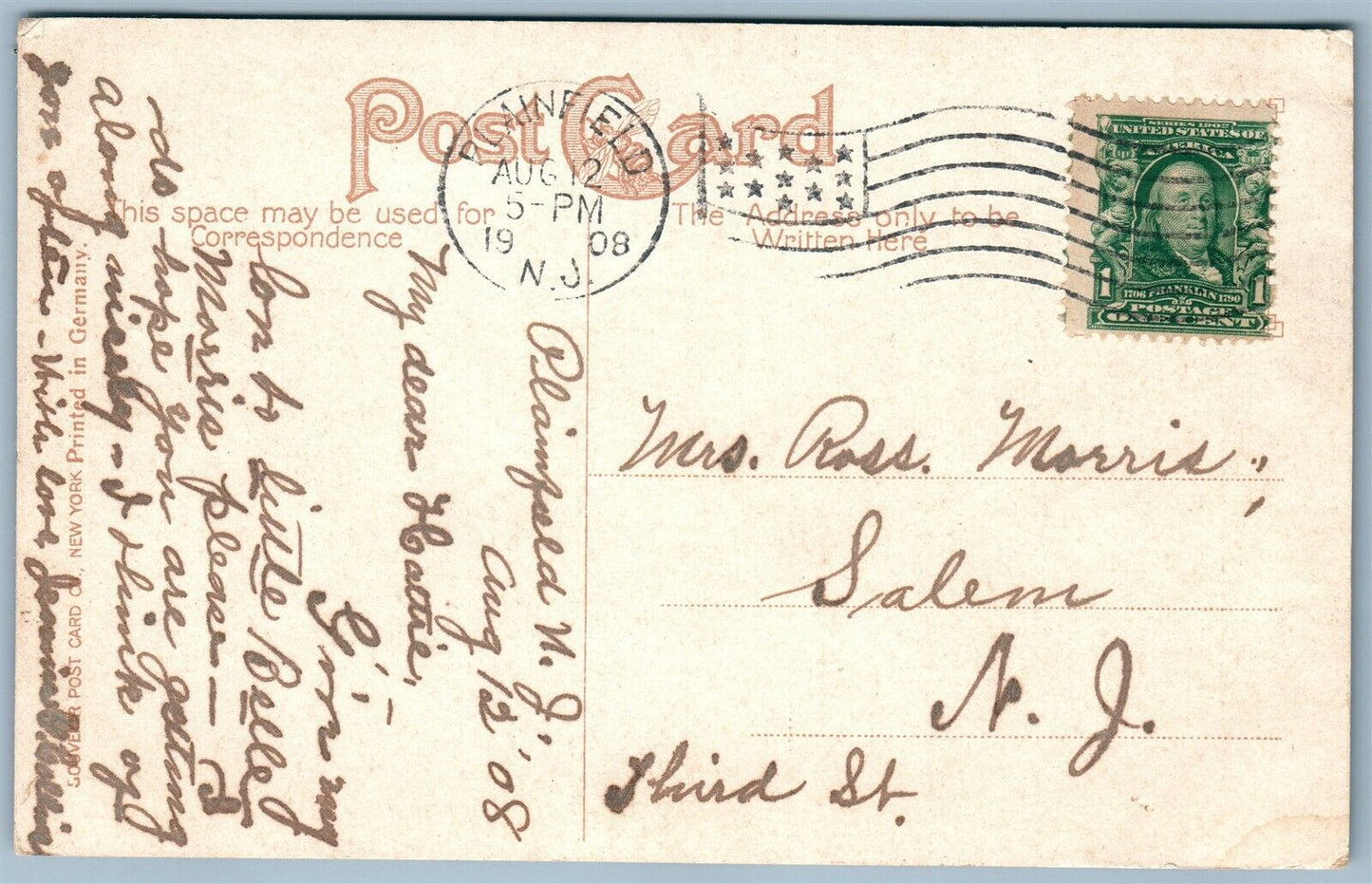 PLAINFIELD NJ WATCHUNG AVENUE ANTIQUE POSTCARD