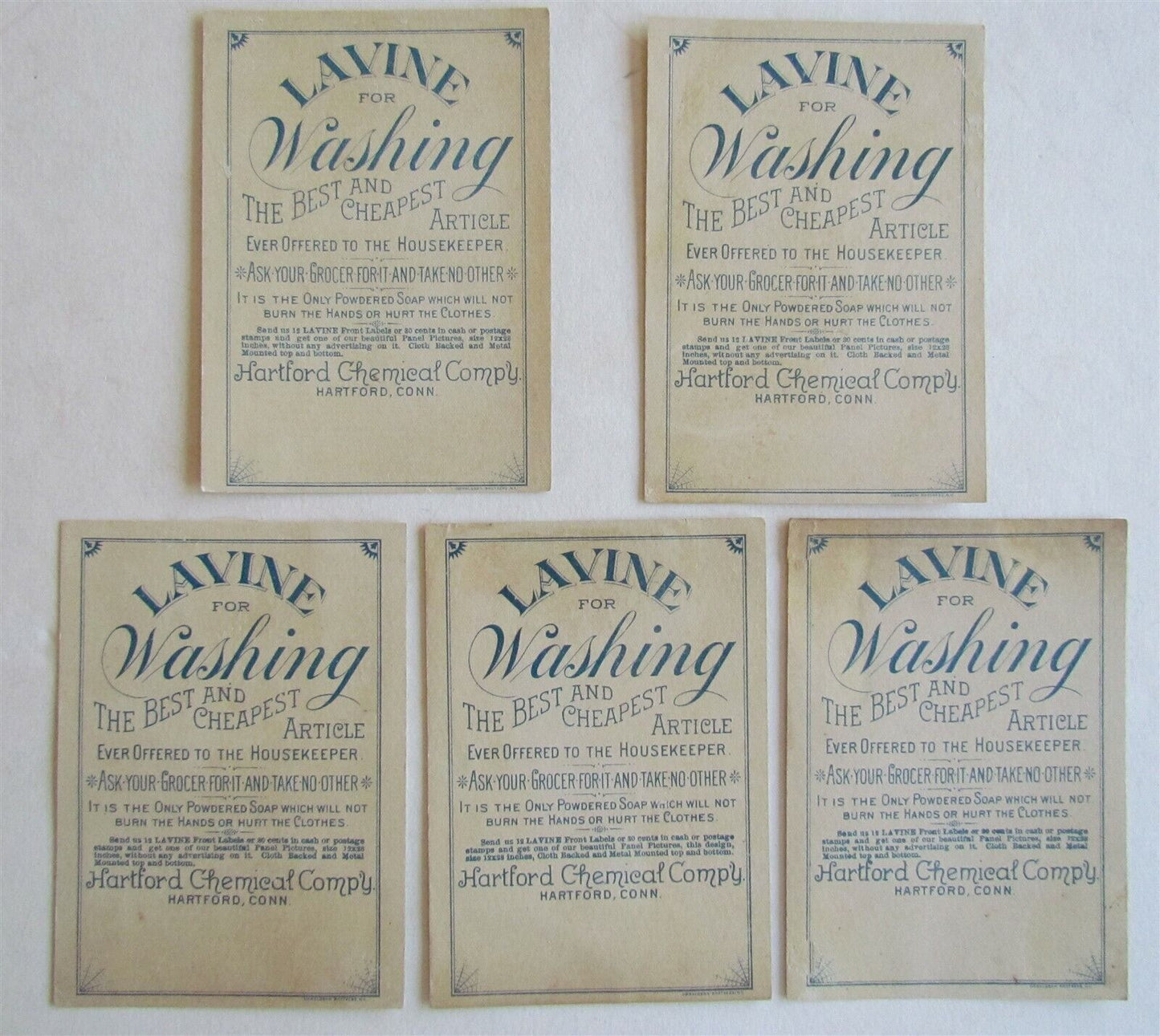 HARTFORD CT LAVINE WASHING SET OF 5 ANTIQUE VICTORIAN TRADE CARDS