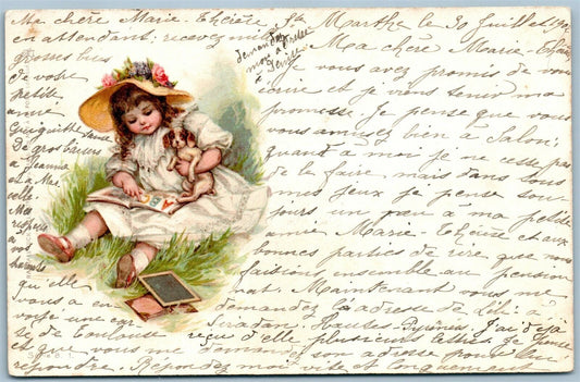 GIRL w/ PUPPY DOG LEARNING ALPHABET ANTIQUE FRENCH POSTCARD w/ STAMP