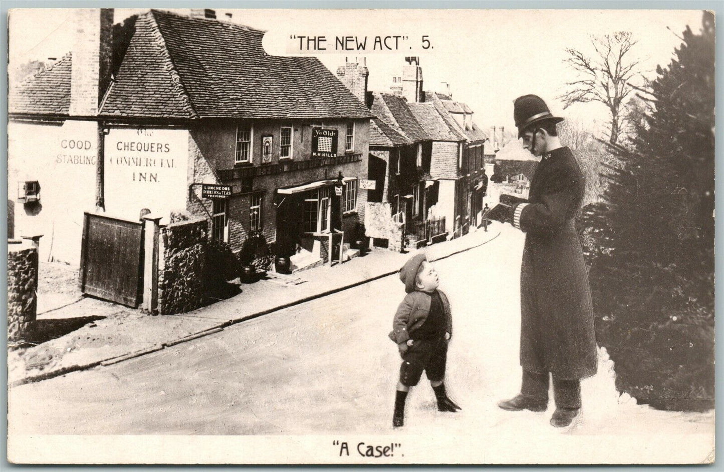 BRITISH POLICEMAN w/ SMALL BOY PHOTOMONTAGE ANTIQUE REAL PHOTO RPPC STREET VIEW