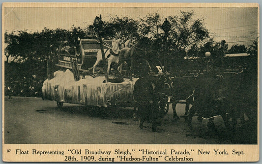 NEW YORK HUDSON-FULTON CELEBRATION PARADE OLD BROADWAY SLEIGH ANTIQUE POSTCARD