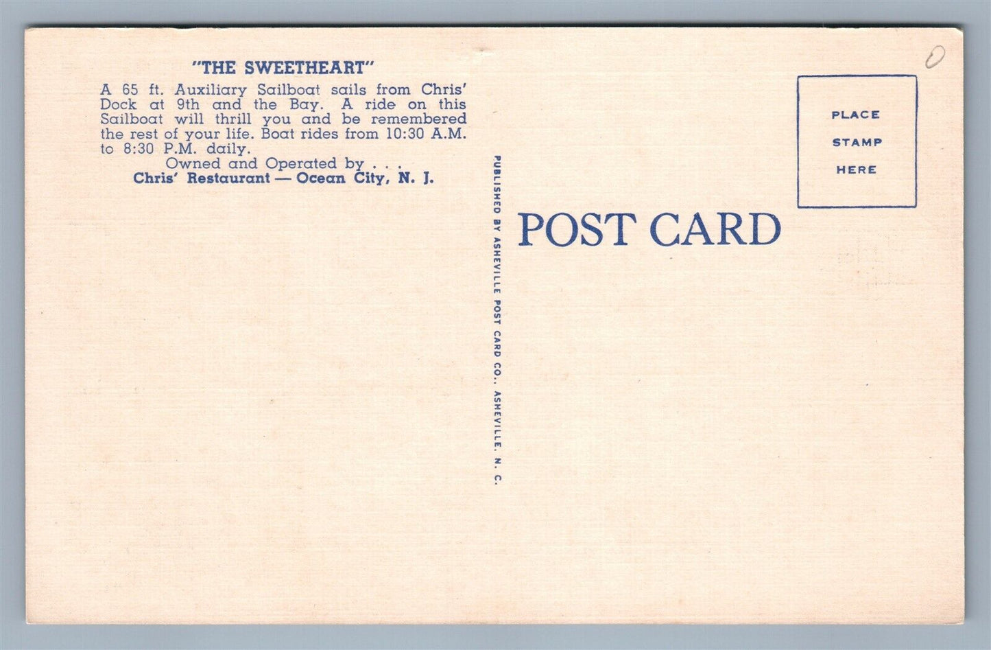 OCEAN CITY NJ 2 HOUR SAILBOAT RIDE VINTAGE POSTCARD