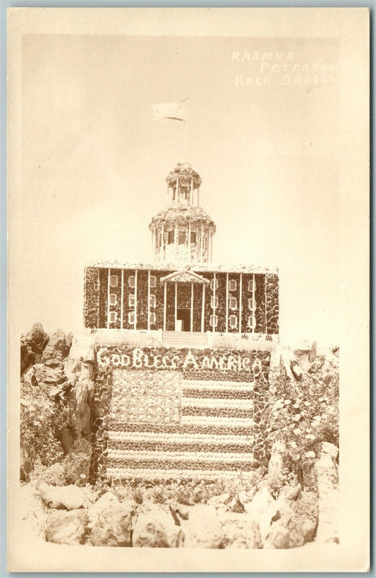 RASMUS PETERSEN ROCK GARDEN VINTAGE REAL PHOTO POSTCARD RPPC GOD BLESS AMERICA