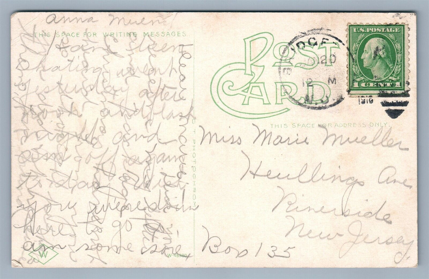 BRIDGETON NJ US POST OFFICE ANTIQUE 1918 POSTCARD w/ AMERICAN FLAG CORK CANCEL
