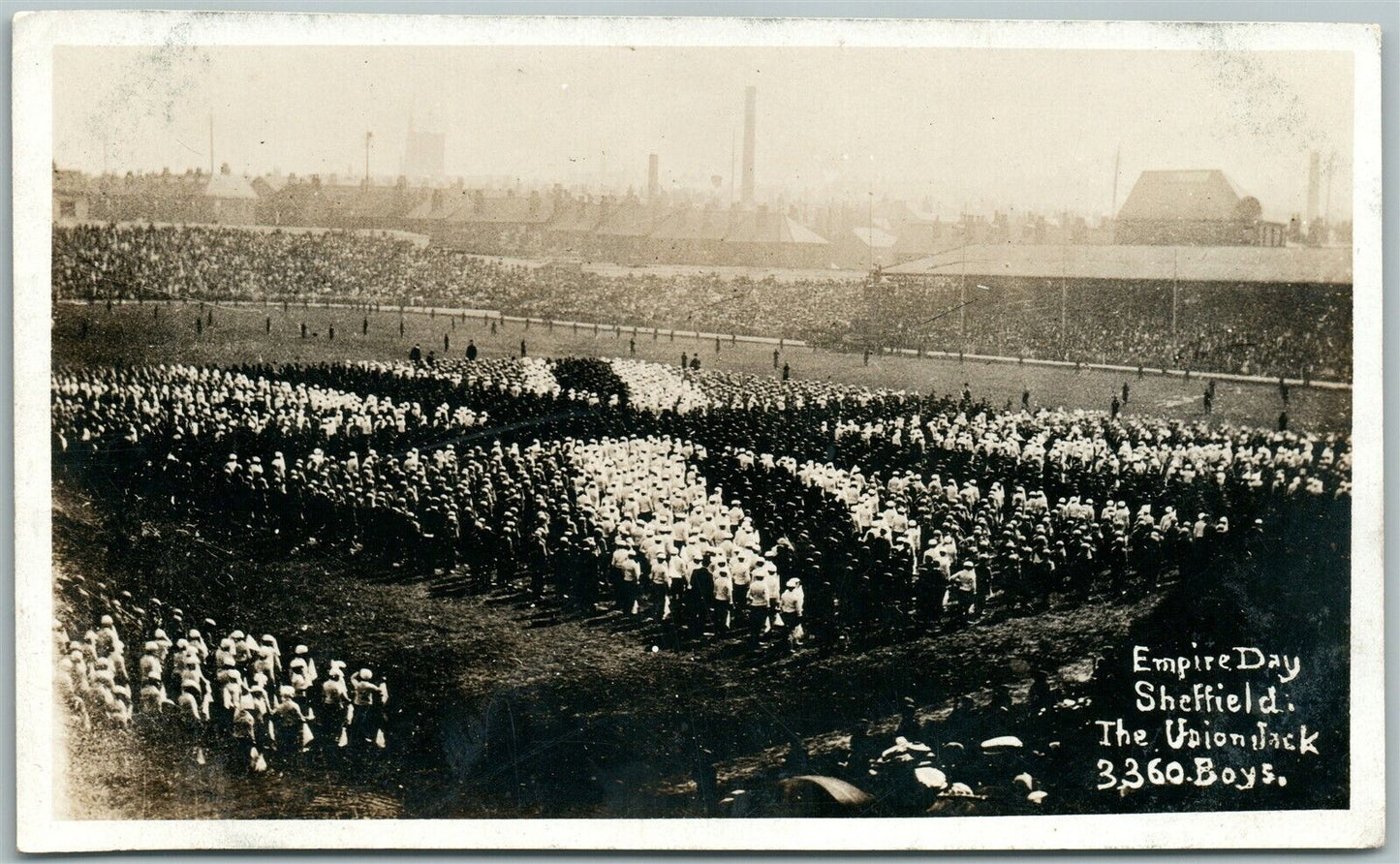 UNION JACK LIVING PICTURE EMPIRE DAY SHEFFIELD ANTIQUE REAL PHOTO POSTCARD RPPC