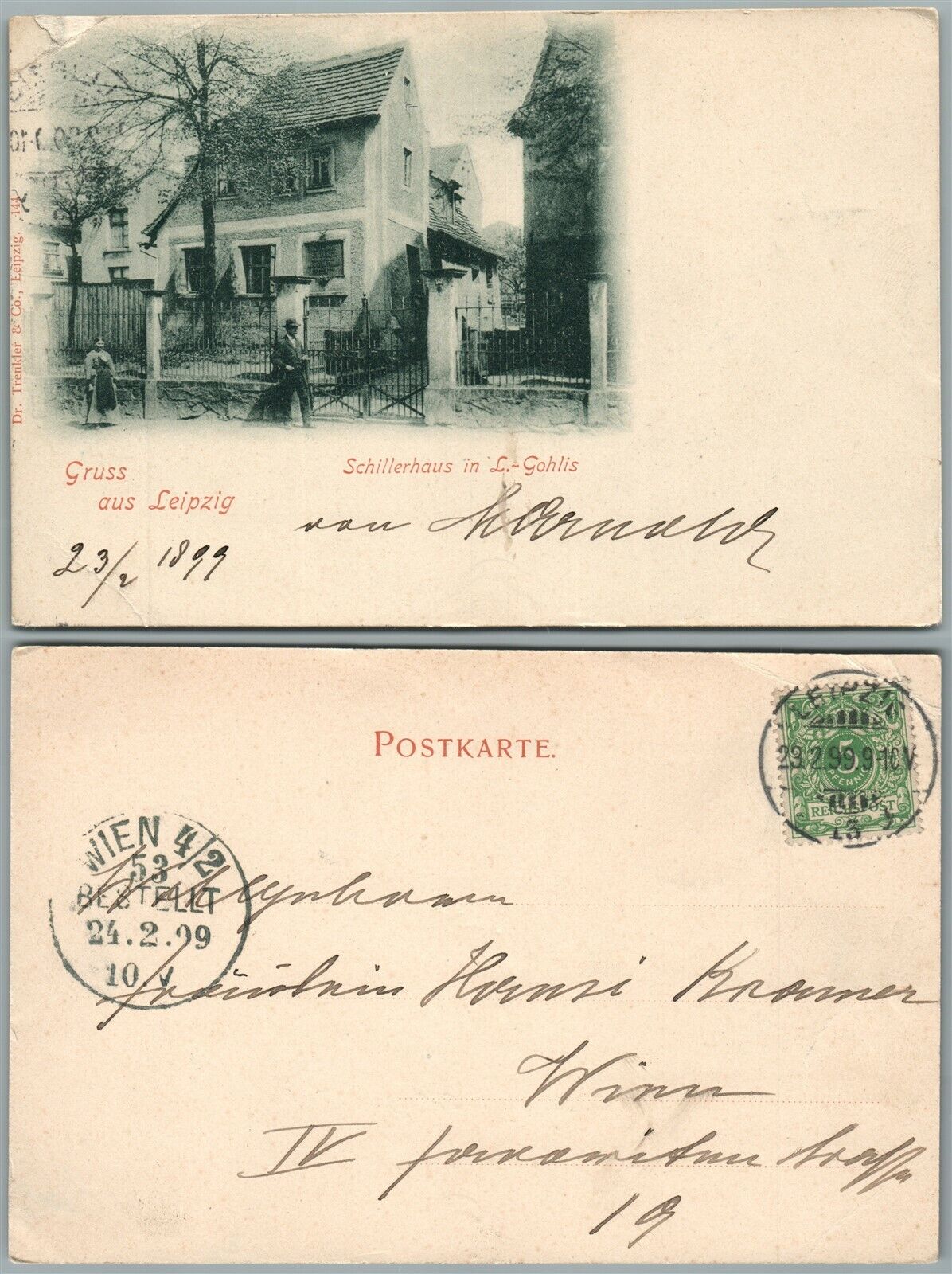 LEIPZIG SCHILLERHAUS GERMANY 1899 ANTIQUE POSTCARD w/ STAMP