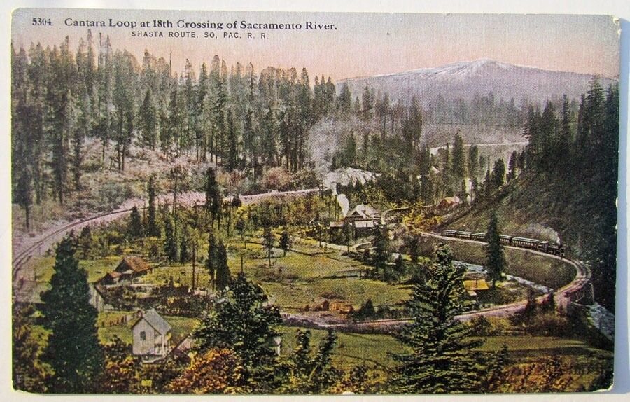 VINTAGE POSTCARD CANTARA LOOP SACRAMENTO RIVER SHASTA RT S.P.R.R. railroad train