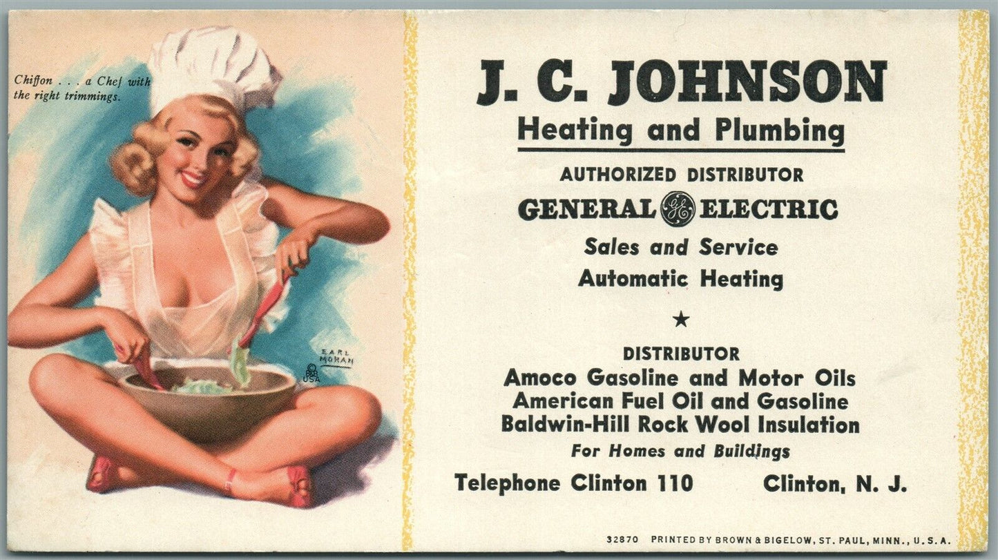 CLINTON NJ HEATING & PLUMBING AMOCO GASOLINE MOTOR OIL VINTAGE ADVERTISING CARD