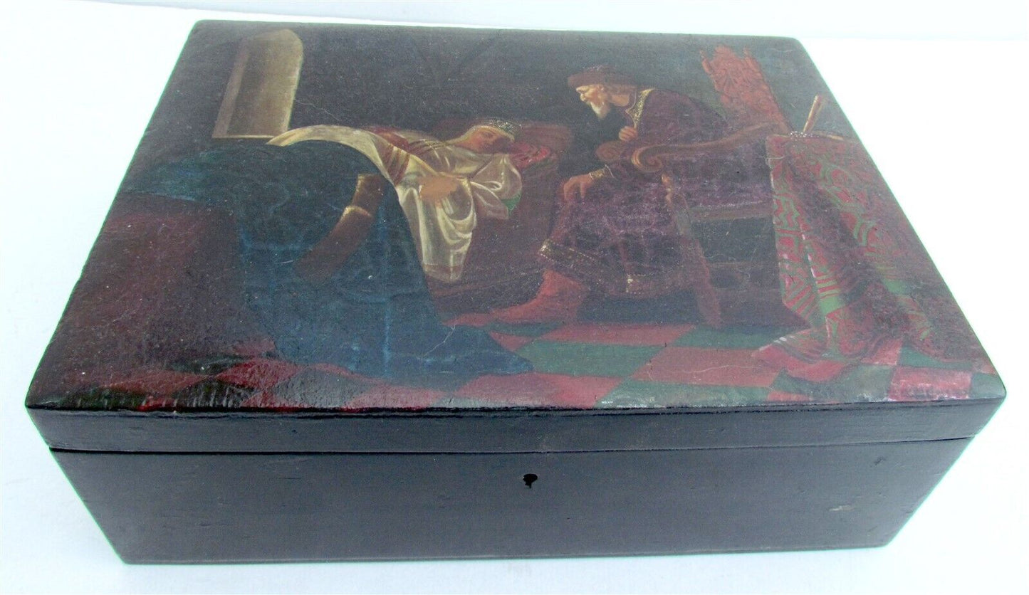 RUSSIAN ANTIQUE LACQUER BOX TSAR IVAN THE TERRIBLE AT THE WIFE'S BED large RARE