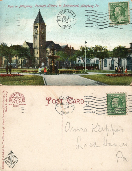 ALLEGHENY PA PARK & CARNEGIE LIBRARY 1909 ANTIQUE POSTCARD