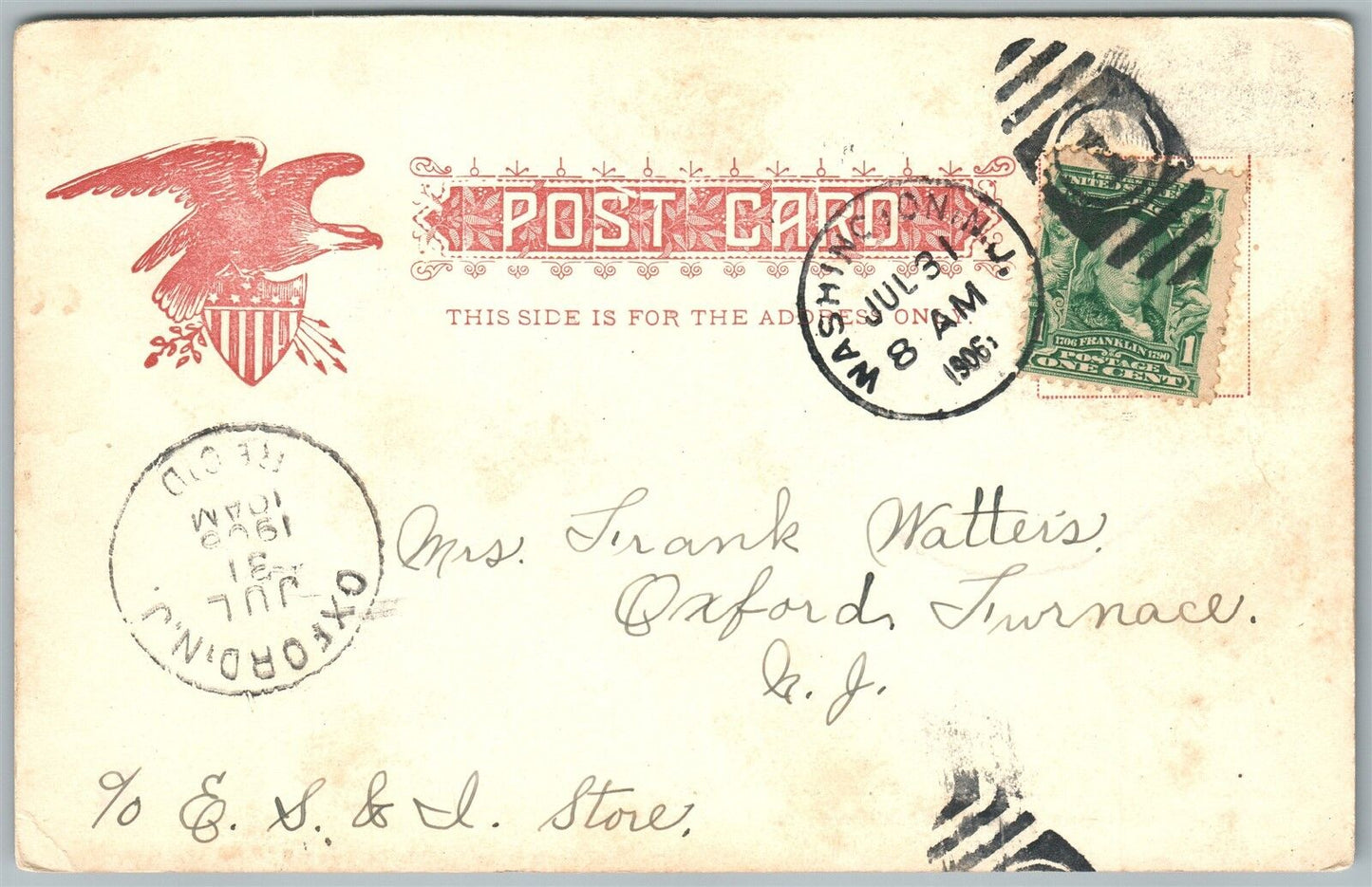 WASHINGTON NJ PRESBYTERIAN CHURCH 1906 UNDIVIDED ANTIQUE POSTCARD w/ CORK CANCEL
