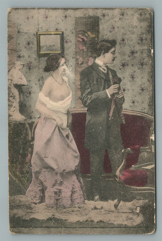 GIRL in BEDROOM RISQUE ANTIQUE POSTCARD