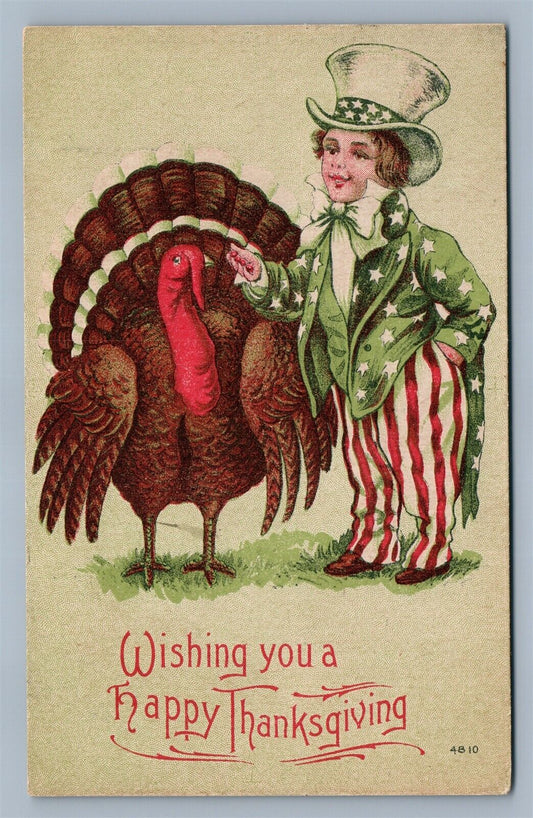 LITTLE UNCLE SAM WHICH YOU A HAPPY THANKSGIVING ANTIQUE POSTCARD PATRIOTIC