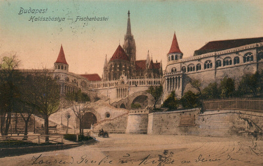 BUDAPEST HUNGARY HALASZBASTYA FISCHERBASTEI ANTIQUE POSTCARD w/ STAMPS