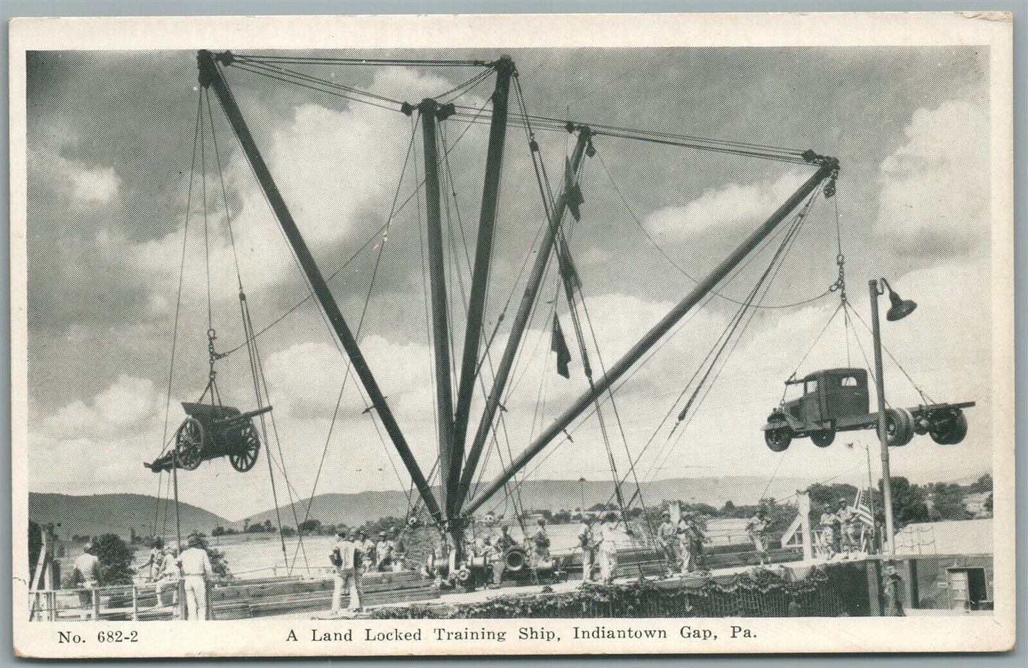INDIANTOWN GAP PA LAND LOCKED SHIP TRUCK & CANNON HAULING VINTAGE POSTCARD