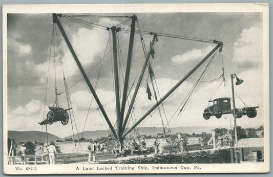 INDIANTOWN GAP PA LAND LOCKED SHIP TRUCK & CANNON HAULING VINTAGE POSTCARD