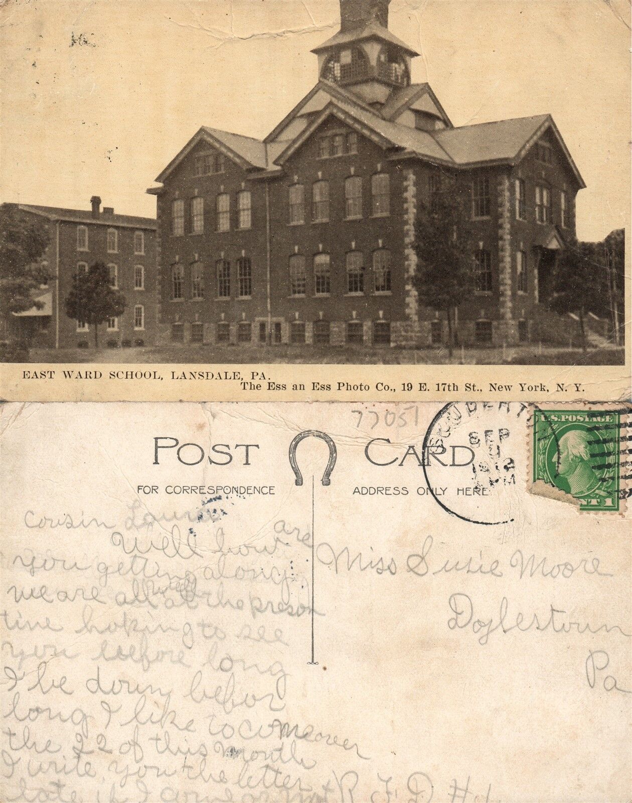 LANSDALE PA EAST WARD SCHOOL 1912 ANTIQUE POSTCARD CORK CANCEL