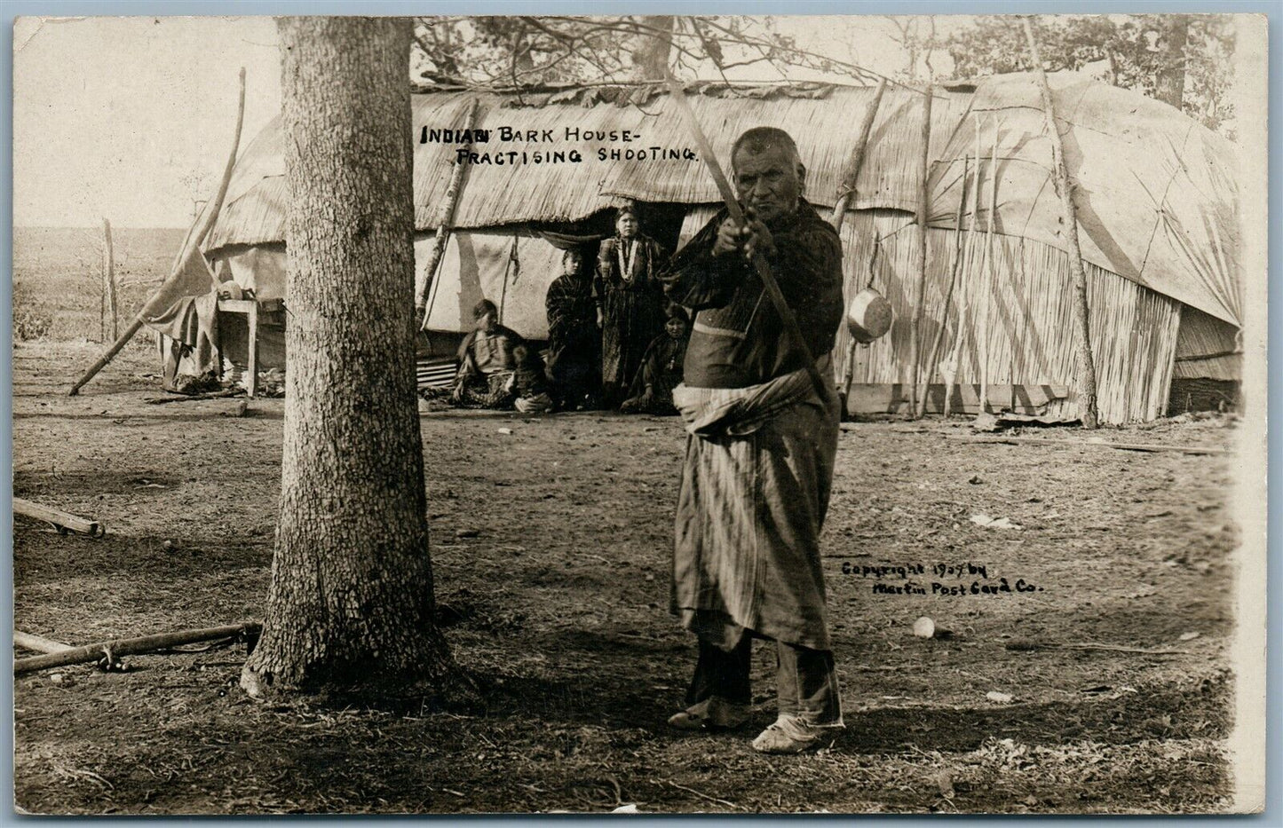 INDIAN BARK HOUSE PRACTISING SHOOTING BOWDEN OKLA. 1909 ANTIQUE REAL PHOTO RPPC