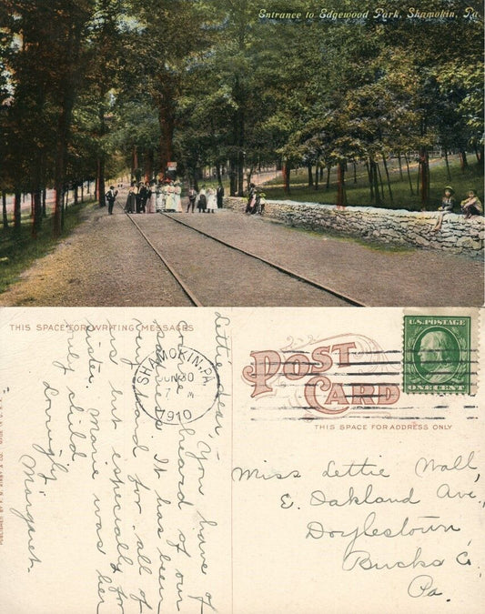 SHAMOKIN PA ENTRANCE TO EAGLEWOOD PARK 1910 ANTIQUE POSTCARD