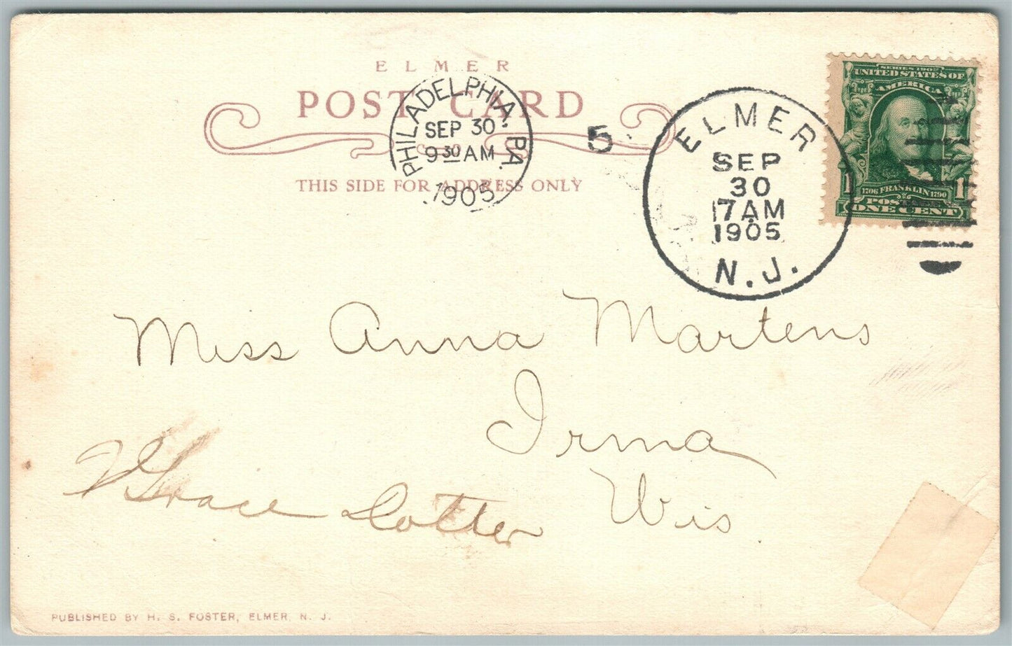 ELMER NJ PRESBYTERIAN CHURCH 1905 ANTIQUE POSTCARD w/ CORK CANCEL